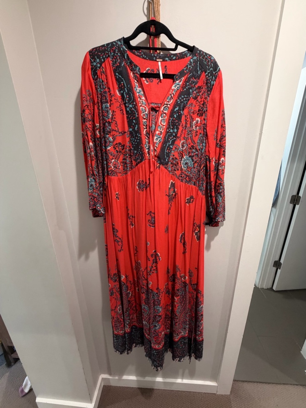 Free People Coral Red Paisley Maxi Dress with Navy Trim